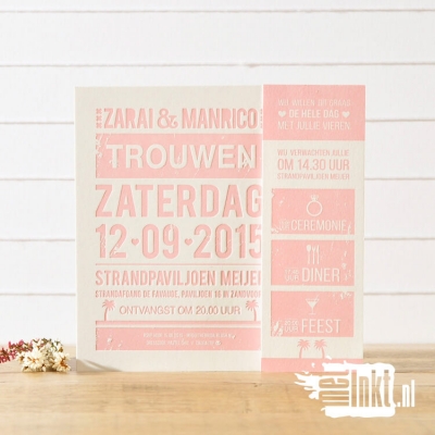 Letterpress trouwkaart stoer Roze