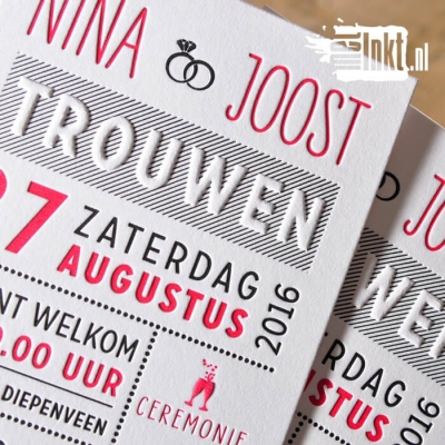 Letterpress trouwkaart typografisch Nina en Joost