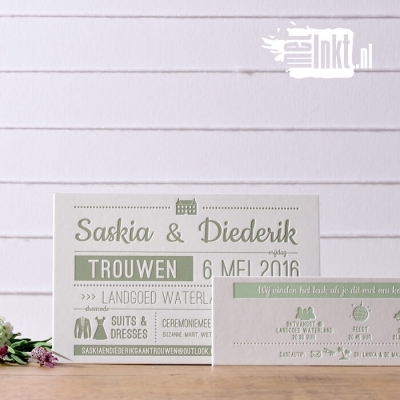 Letterpress trouwkaart typografie Saskia en Diederik