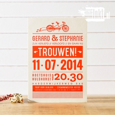 Letterpress trouwkaart Fiets