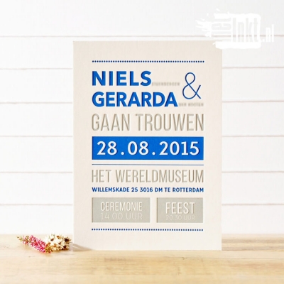 Letterpress trouwkaart Strak Niels en Gerarda